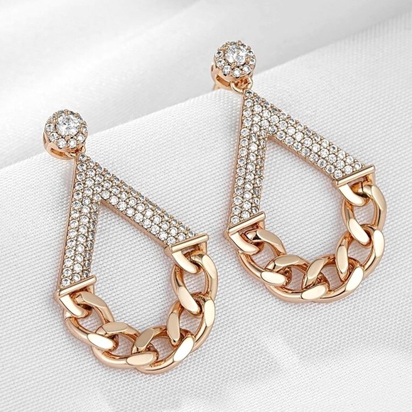Rose Gold Natural Zircon Geometric Chain Drop Earrings - Picture 4 of 5